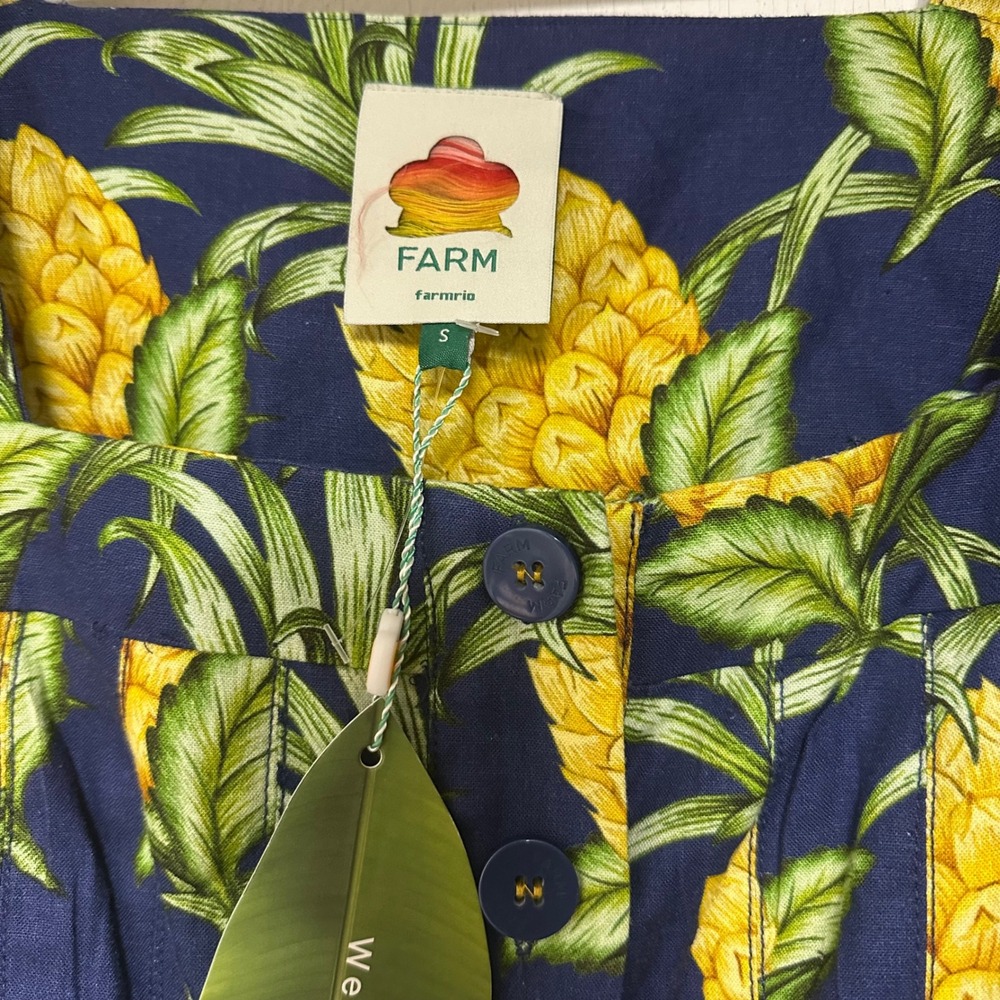 NWT Farm Rio Navy Blue Pineapple Print Puff Sleeve Mini Pleated Dress Sz S Linen - Picture 6 of 9